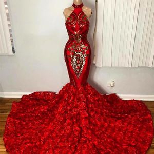 Świecący Cekiny Suknie Wieczorowe Wysokiej Kołnierz Koronki 3D Kwiaty Mermaid Prom Pageant Suknie Custom Made Sweep Pociąg Specjalna okazja Dress