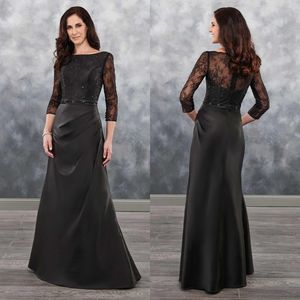 Custom Black Mermaid Prom Klänningar Golvlängd Soft Lace Beaded Aftonklänningar 3/4 Långärmad Pleat Kjol Mor av brudklänningarna