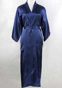 Navy Blue Chinese Men Silk Long Robe Rayon Kimono Badklänning SLEEPEAR MED BANDAGE NIGHTGOWN PAJAMA STORLEK S M L XL XXL XXXL S0027