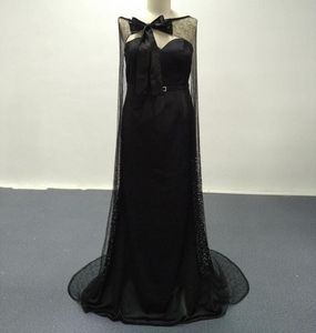 2023 Nya sexiga svarta aftonklänningar riktiga bilder blingbling med bowtie cape soptåg kvällsklänningar vestidos de 867