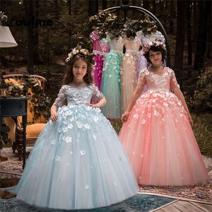 Abito Madre Figlia Princess Pink tulle maniche lunghe sfera Flower Girl Dresses V Neck Nuovo Madre di Abiti Sposa