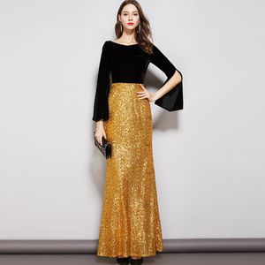 new collection womens evening party prom slash neckline long sleeves velvet bodice patchwork sequined elegant floor length dresses