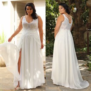 Classy Plus Size Lace Wedding Dresses V Neck A Line Side Split Bridal Gowns Beaded Floor Length Chiffon robe de mariée