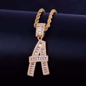 Iced Out Baguette Iniziali Lettere Ciondolo Hip Hop Catena Oro Argento Bling Zirconia Gioielli ciondolo Hip Hop da uomo