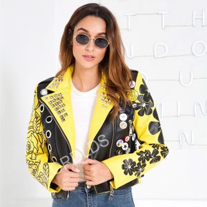 Women's Pu Leather Jackets Graffiti Floral Letter Print Punk Motorcycle Biker Zip Rivet Waist Woman's Coats Contrast Color Outerwear YK011