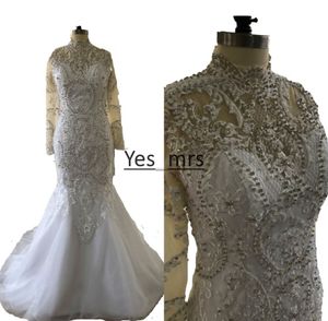 New Robe De Marriage Long Sleeves Mermaid Wedding Dresses High Neck Lace Applique Crystal Saudi Arabic Bridal Gowns Court Train