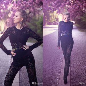 Svarta aftonklänningar sexig juvelhals långärmad jumpsuit prom klänningar mjuk spets formell festklänning anpassad