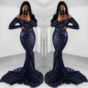 Bling Dark Navy 2021 Mermaid Prom Sequined Long Sleeves Off Shoulder Formal Dresses Evening Wear Vestidos De Fiesta