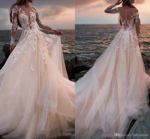 Romântico Bohemian Beach Tulle vestido de noiva apliques de renda pura mangas compridas vestidos de noiva com ilusão volta vestido de noiva vestidos de noiva