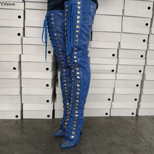 Rontic New Women Lår High Boots Sexiga Snake Stiletto High Heel Boots Pekade Toe Blue Night Club Skor Kvinnor plus US Storlek 5-15