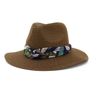 Sol hatt kvinnor halm panama hatt kvinnlig tryck strand fedora utomhus sommar khaki casual wide brima damer