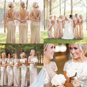 Sparkly Rose Gold Cheap 2019 Mermaid Bridesmaid Dresses Short Sleeve Sequins Backless Long Beach Wedding Party Gowns Gold Champagne