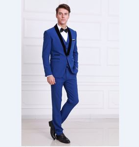 Slim Fit One Button Royal Blue Bröllop Groom Tuxedos Sjal Lapel Groomsmen Män Passar Prom Blazer (Jacka + Byxor + Vest + Tie) No: 1959