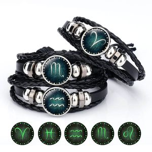 Luminous 12 Zodiac Sign Bracelet For Women Men Glow in The Dark Constellations Charm Leather Rope Chains Bangle DIY Fashion Jewelry