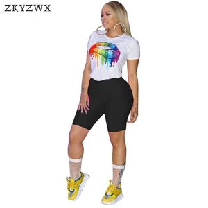 Druk Druk ZKZWX Dwuczęściowy zestaw Kobiety Lato O-Neck Krótki Rękaw Crop Top i Szorty Garnitury Casual Biker 2 szt. Dopasowane zestawy Y19062601