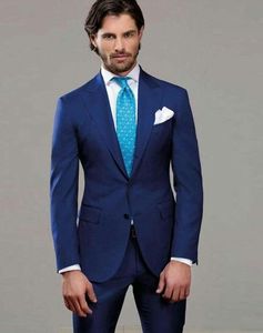 Brand New Navy Blue Mens Casamento Smoking Peak Lapel Groomsmen Tuxedos Popular Man Blazers Casaco Excelente terno (jaqueta + calça + gravata) 37