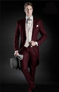 Morning Style One Button Wine Wedding Groom Tuxedos Peak Lapel Groomsmen Men Suits Prom Blazer (Jacket+Pants+Vest+Tie) NO:2099