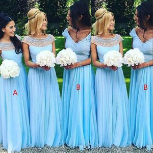 Cheap Sky Blue Bridesmaid Dresses Chiffon V Neck Cap Sleeves Lace Pearls Illusion Long Plus Size Maid Of Honor Gowns Wedding Guest Dress