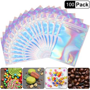 Aluminum Pouch Plastic Packaging Bags Holographic Zipper Resealable Storage Bag with Hanging Hole for Food Snack