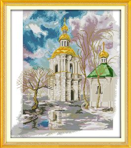 Inverno castelo cenário decoração da sala de pintura, Handmade Cross Stitch bordado Needlework define contados impressão sobre tela DMC 14CT / 11CT