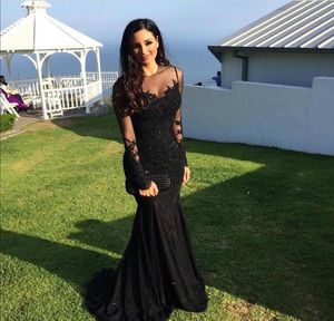 Aftonklänningar 2017 Sexig Illusion Lace Appliques Crystal Beaded Party Dress Arabic Jewel Neck Black Mermaid See Through Formal Prom Crows