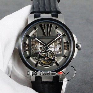 Neue Executive Automatik Tourbillon Herrenuhr, Stahlgehäuse, schwarze Lünette, graues Skelett-Zifferblatt, große römische Markierungen, schwarzes Lederarmband, Puretime F04a1