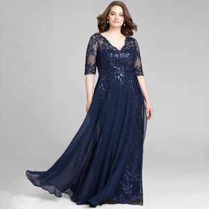 Abiti in pizzo a mezze maniche blu navy La madre della sposa si veste una linea V pavimentazione con pavimento per ospiti con pavimentazione per ospiti abiti da sera in chiffon 415