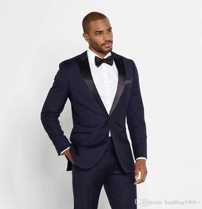 High Quality Navy Blue Groom Tuxedos Peak Lapel Man Work Suit Prom Blazer Mens Wedding Clothes (Jacket+Pants+Tie) H:993