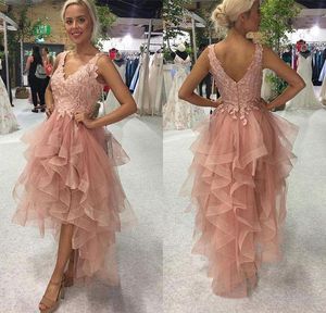 Setwell Hi-Lo V-Neck A-Line Aftonklänning Ärmlös Sexig V-Back Ruffled Lace Beaded Formell Party Prom Gown