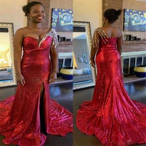 Elegant One Shoulder Sequined Mermaid Prom Dresses Formal Dress with Sweep Train and Split Custom Made Evening Gown