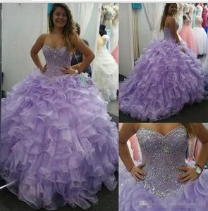 Lavender Sweet 16 Quinceanera Dresses 2019 Luxurious Crystals Beaded Ruffles Organza Ball Gown Prom Dresses Formal Party Gowns Wear