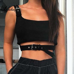 Weekeep Sexy Black Hollow Out Fivela Tanque Mulheres Cropped Streetwear Backless Tank Tops 2019 Verão Moda BEFREE Crop Top Y190123