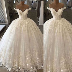 Sparkly Ball Gown Wedding Dresses Puffy Off Shoulder Short Sleeve Lace Appliques Bridal Gowns Sweep Train Plus Size Wedding Dress