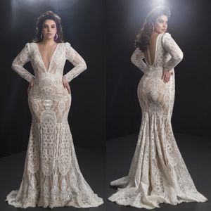 2020 Plus Size Mermaid Wedding Dresses V Neck Appliqued Beaded Long Sleeves Bridal Gowns Sheer Back Ruffle Sweep Train Vestidos De Novia