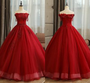 Röd båt nacke 3d blommor spets prom quinceanera klänningar riktig bild 2020 pärlor kristall applique corset tillbaka söt 16 klänning vestidos de novia
