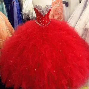 New Bling Quinceanera Ball Gown Dresses Sweetheart Appliques Crystal Sequins Sweet 16 Tulle Ruffle Plus Size Party Prom Evening Gowns