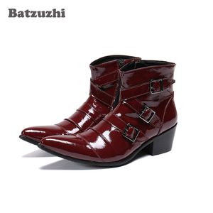 Batzuzhi Western Cowboy Men's Boots Wine Red Genuine Leather Ankle Boots Men Botas Hombre Motorcycle, Party Dress Leather Boots