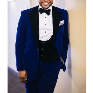 Royal Blue Velvet Groom Tuxedos Höst Vinterstil Groomsmen Män Bröllopsklänning Man Jacka Blazer 3 Piece Suit (Jacka + Byxor + Vest + Tie) 1094