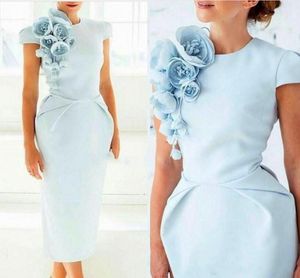 Simple Light Sky Blue Plus Size Mother Of The Bride Dresses Satin Hand Made Flower Tea Length Wedding Guest Dress Prom Evening Gown