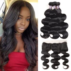 Ishow Indian Body Wave 13*4 Lace Frontal Brazilian Peruvian Malaysian Virgin Human Hair Bundles with Closure Hair Extensions Wefts for Women Natural Black