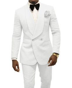 El más nuevo de doble botonadura blanco Paisley novio esmoquin chal solapa hombres trajes 2 piezas boda/graduación/cena Blazer (chaqueta + Pantalones + corbata) W749