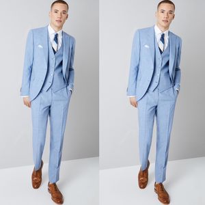 Himmelblauer Bräutigam-Hochzeits-Smoking mit gekerbtem Revers, schmale Passform, Herren-Abschlussball-Party-Jacke, Blazer-Anzüge, 3-teilige maßgeschneiderte Kleidung (Jacke + Weste + Hose)