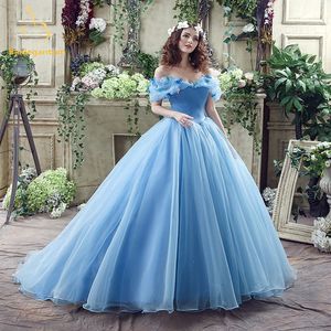 Sky Blue Quinceanera Suknie Księżniczka Off The Ramię Prom Dresses Suknia Balowa Organza Puffy Flower Specjalna okazja Dress Elegant Słodkie 15