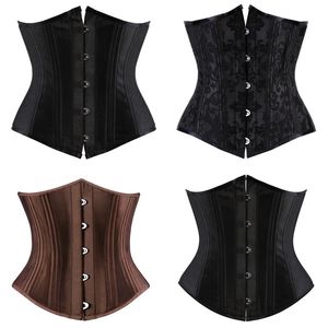 Kobiety Czarny Gorset Top 12 sztuk Steel Boned Satin Underbust Padded Lace-Up Ciespeaperów Talii Train Corset Slim Body Shaperwear Plus Size XS-6XL