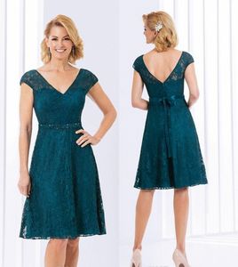 Plus Size Grün Blaugrün Kleider für die Brautmutter Jasmin V-Ausschnitt Kurzes Knielanges Spitzen-Formelles Abendkleid für den Abschlussball