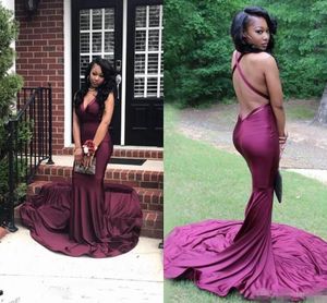 Sexy Rückenless Mermaid Abendkleider Sweep Zug elastischer Satin Ruched Black Girls African Plus Size Prom Party Kleider Custom Made 403 403