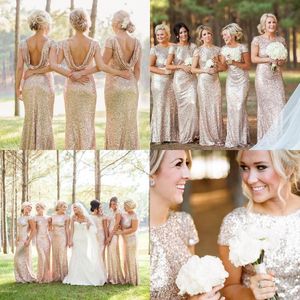 Nowy Sparkly Rose Gold Tanie Syrenki Druhna Suknie Krótkie Rękawy Backless Long Beach Cekiny Wedding Party Dress Champagne