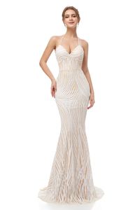 Sexy backless ivoor lange zeemeermin bruidsmeisje jurken charmante pailletten bruiloft jurken spaghetti riemen robe de soiree l5288