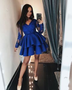 Royal Blue V Neck Lace A Line Homecoming Dresses Long Sleeves Applique Tiered Layers Short Party Cocktail Prom Dresses