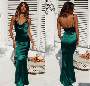 Sexig Backless Spaghetti Mermaid Dark Green Prom Klänning Långt mantel Billiga Evening Party Gowns Custom Made Pageant Dress